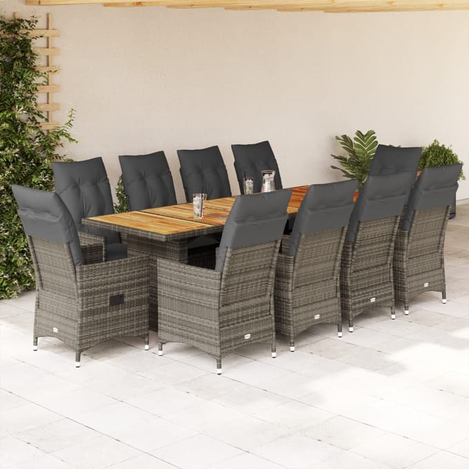 vidaXL - 11-delige - Bistroset - met - kussens - poly - rattan - grijs
