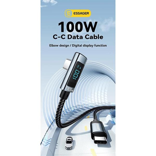 Essager PD100W USB Type C naar USB C-kabel 5A snellaadkabel 90 ° LED digitale displaykabel voor Huawei Xiaomi Samsung MacBook 2m grijs