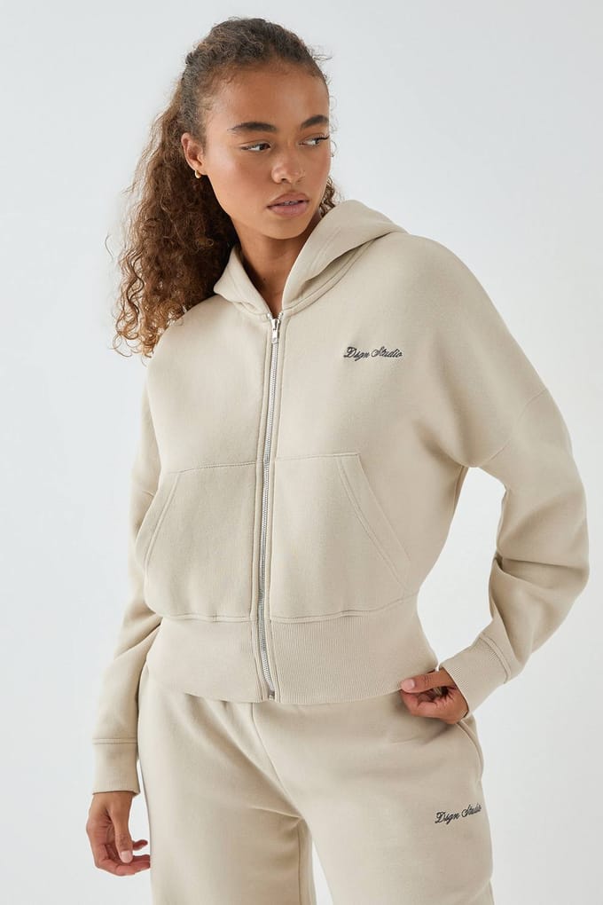 Dames DSGN Studio Deep Hem Boxy Crop Zip Through Hooded Trainingspak | Steen | Maat: 3XL