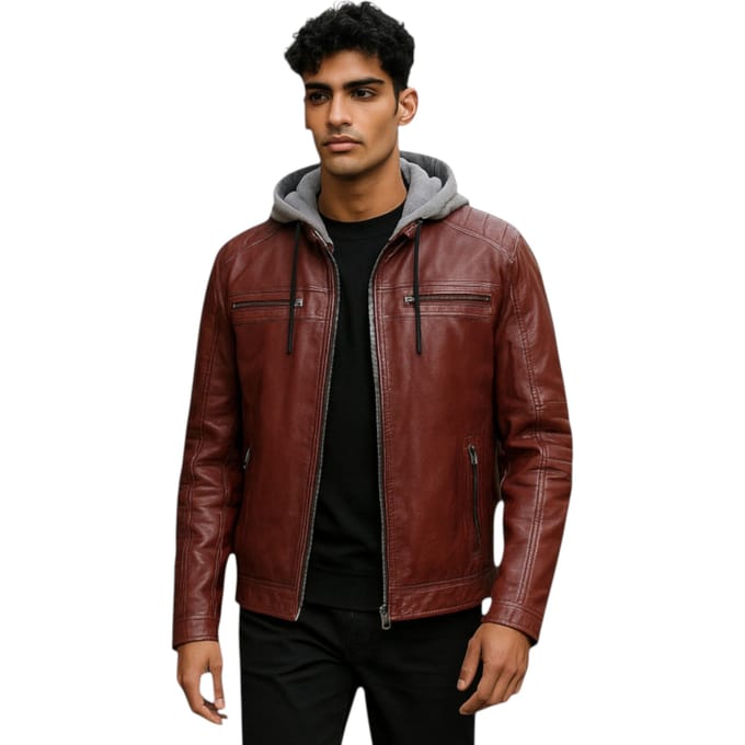 Heren Ox Red Hooded Burgundy Biker Lamsleren Jas - Ingham