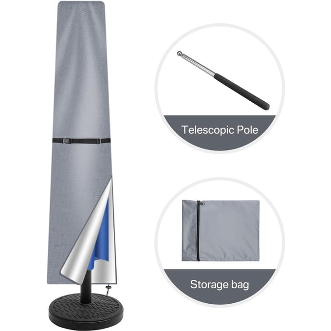 Housse de protection pour parasol droit, imperméable, avec manche télescopique, fermeture éclair, anti-UV, coupe-vent 190cm gris