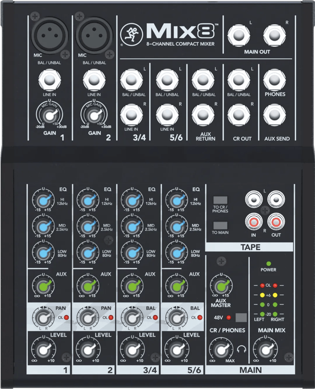 Mackie Mix8 4-kanaals mengpaneel met 2 microfooningangen, 3-bands EQ en aux send