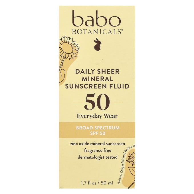 Babo Botanicals, Daily Sheer Fluid Mineral Sunscreen 50, sans parfum, 1,7 fl oz (50 ml) beige