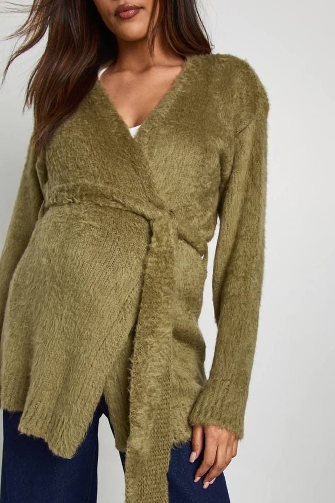 boohoo Dames Zwangerschaps Cardigan met pluizige riem | Kaki | Maat: Medium
