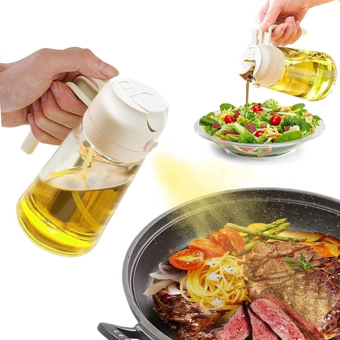 Famanu - 470 liter, 2-in-1 oliedispenser en oliesproeier, olijfoliedispenser voor keuken, salade, grill (wit)