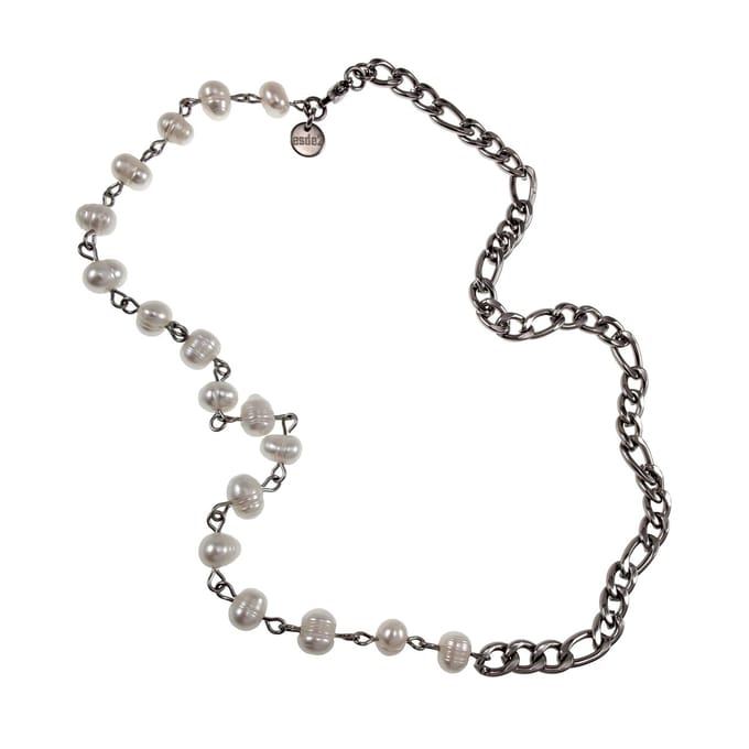 esde2 Parelketting Unisex - RVS Figaro Schakelketting met Witte Zoetwaterparels - 52 cm