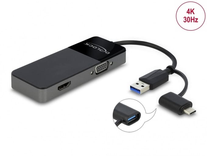 Delock USB 3.2 Gen 1 Adapter to 4K HDMI + VGA with Splitter function