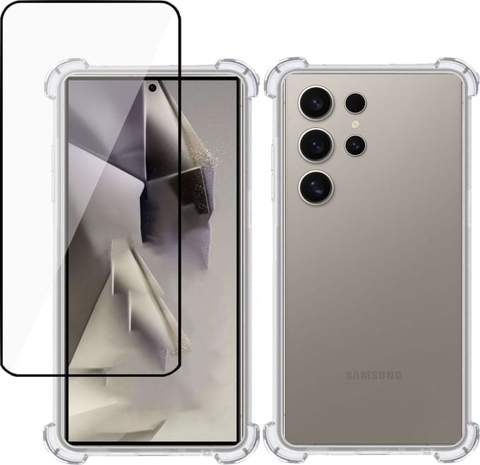 Hoesje + Screenprotector geschikt voor Samsung Galaxy S24 Ultra – Full Screen Tempered Glass - Extreme Shock Case Transparant