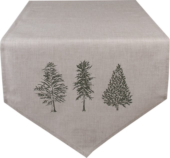 Clayre & Eef Tafelloper 50x160 cm Beige Groen Katoen Dennenbomen