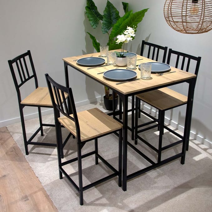 Milton & Oldbrook Eetkamerset 5-delig Bob Hout - Bartafel Met 4 Hoge Stoelen