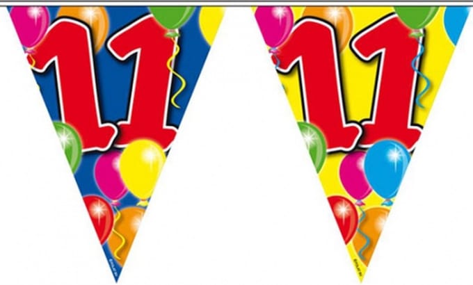 Vlaggenlijn 11 jaar - 10 meter - plastic - Leeftijd versiering - slingers 11e verjaardag