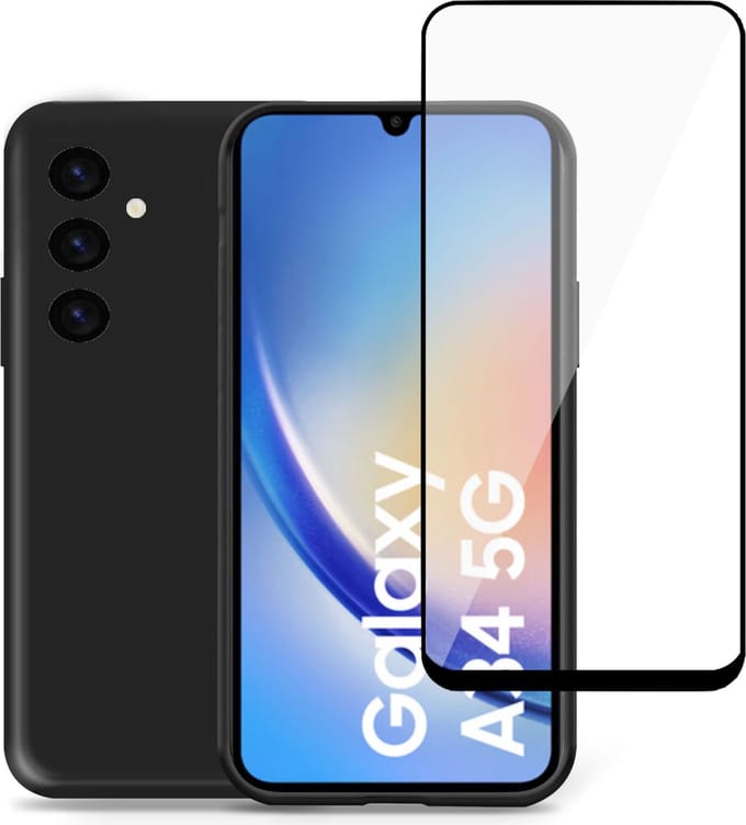 Hoesje geschikt voor Samsung A34 + Screenprotector – Full Screen Tempered Glass - Liquid Back Case Cover Zwart
