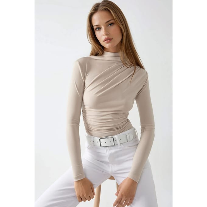 Hoge Kraag Drapé Detail Blouse