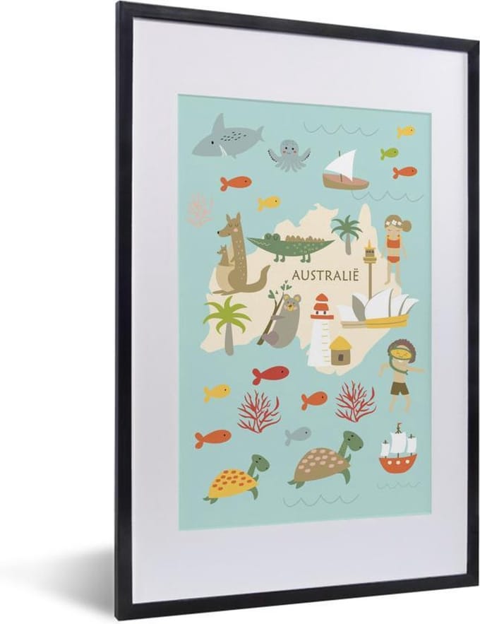 Wereldkaart Kinderen - Australië - Dieren - Schoolplaat - Kinderkamer - 40x60 cm