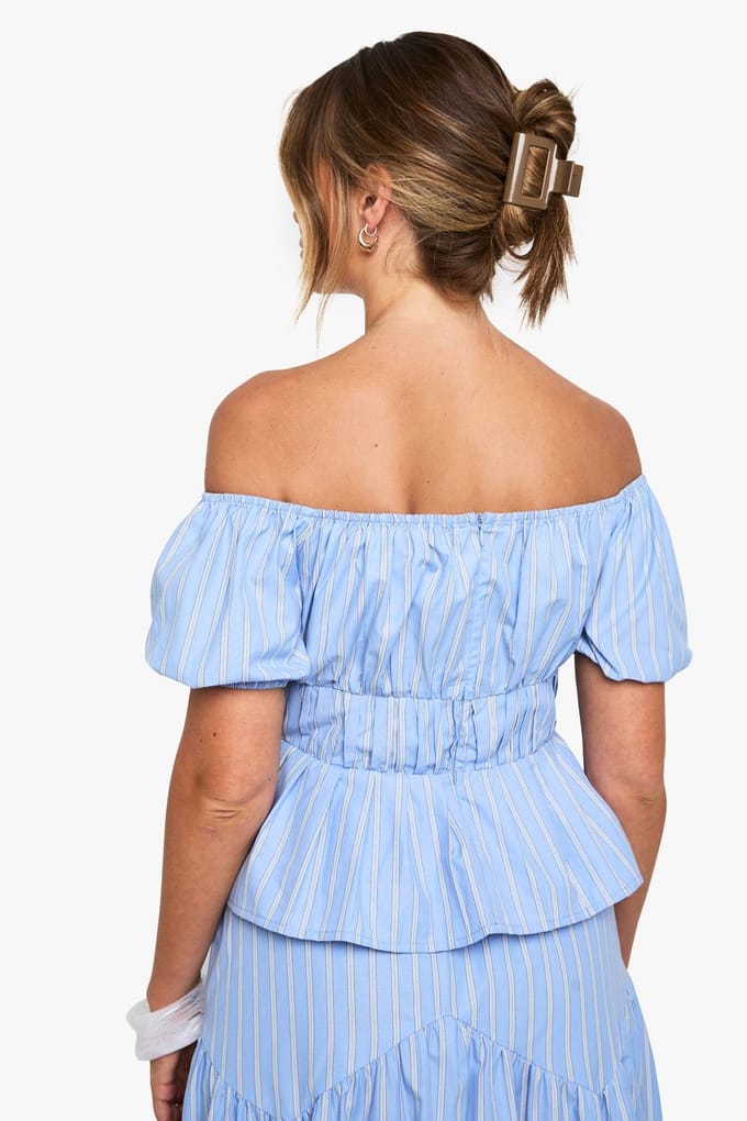 boohoo Dames Stripe Poplin Bardot Top | Blue | Maat: 6