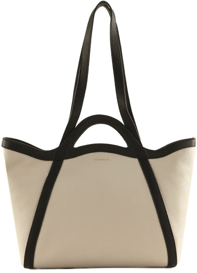 COCCINELLE Leren Shopper Schoudertas Amalia Bicolor Handbag Grained Leather Blanco / Noir Wit