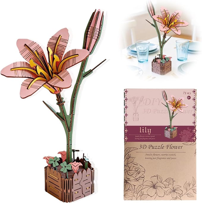 Houten 3D Puzzel - Bloem Lelie - Creatief Bouwen - Natuurlijk Materiaal - 20 cm