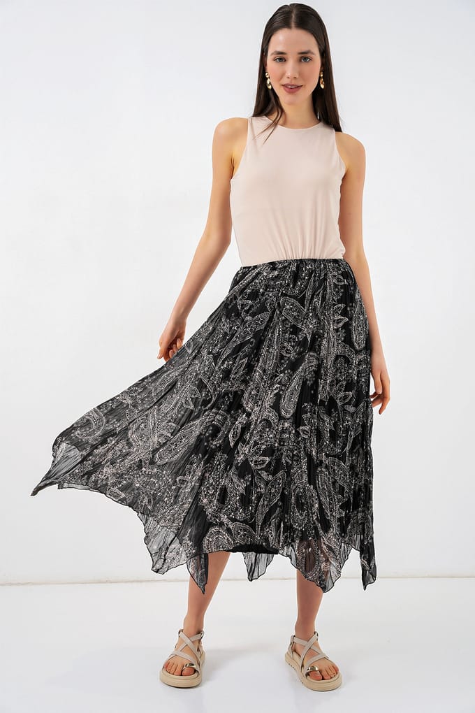 Hoge Taille A-Lijn Midi Rok in Paisleyprint