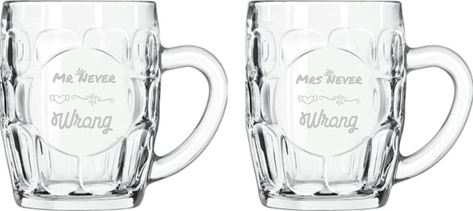 Gegraveerde set bierpullen 55cl Mr. Never wrong - Mrs. Never wrong