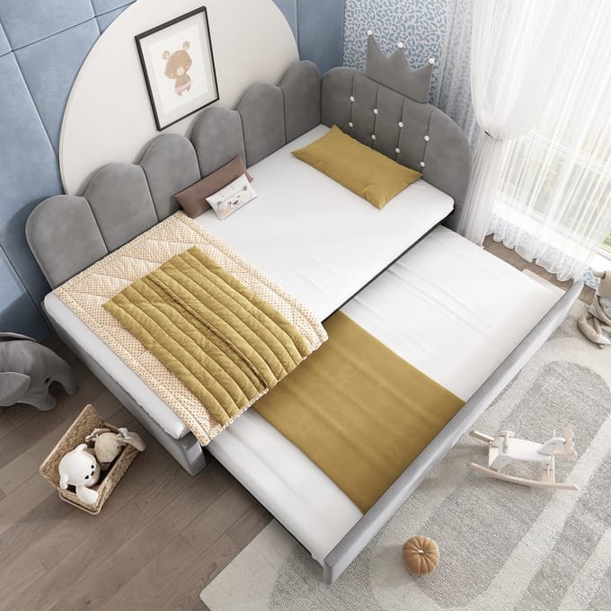 MODFU Bedbank 90x200 cm – Met uitschuifbed – L-vormig – Kroon- & spijlenontwerp – Fluweel – Grijs