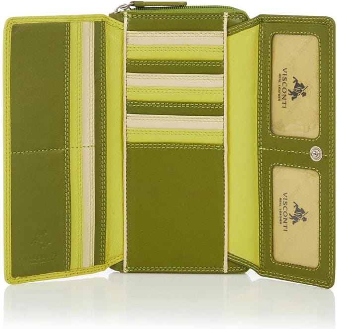 Visconti Leren Portemonnee - Rainbow Collectie - RFID - 17 Pasjes - Leer - Groen-Multi (RB78 LM)