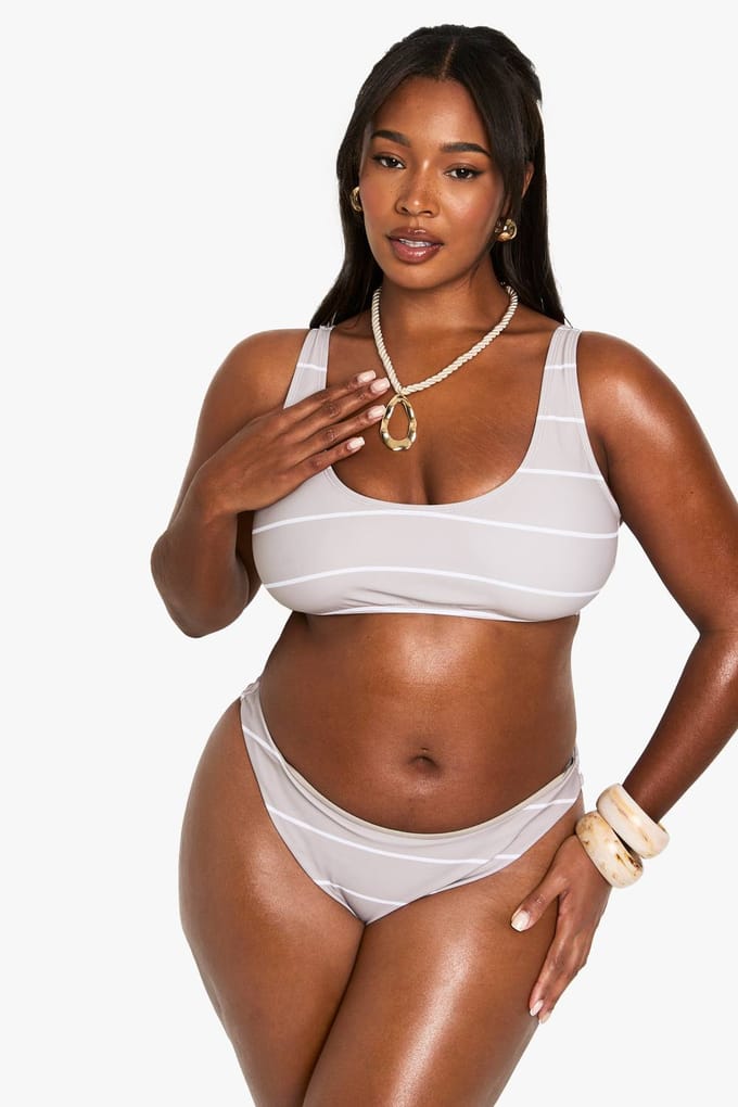boohoo Dames Plus Badmode Essentials Streep Scoop Bikini Top | Steen | Maat: 54