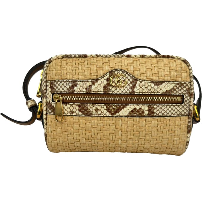 Gucci Mini Ophidia Crossbodytas met waterslangaccent in beige raffia