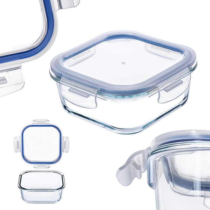 Famanu – Glazen bewaarbak vierkant 320 ml met deksel – afsluitbaar, vaatwasserbestendig