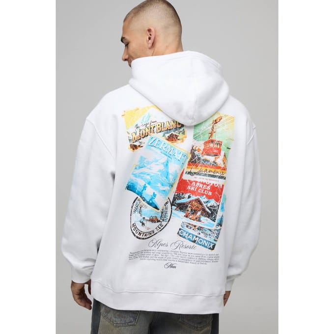 Wit Oversized Ski Ansichtkaart Bedrukt Zwaargewicht Hoodie | White | Size Medium