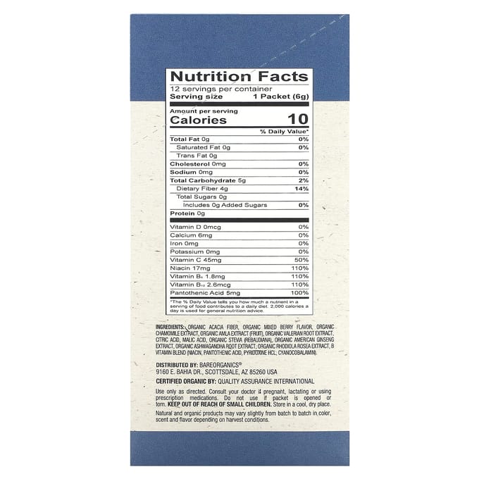 BareOrganics, Sommeil, Améliorateur d'Hydratation Superaliment, Saveur Baies Mixtes Bio, 12 Bâtonnets, 0.21 oz (6g) Chaque