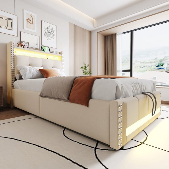 Sweiko Eenpersoonsbed - 90x200 cm - LED-verlichting - USB-aansluiting - Opbergruimte - Linnen - Beige