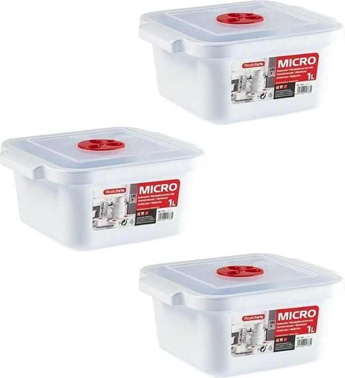 Plastic Forte Magnetronschaal - 3x - deksel/ventiel - 1 liter - wit - kunststof - rechthoekig