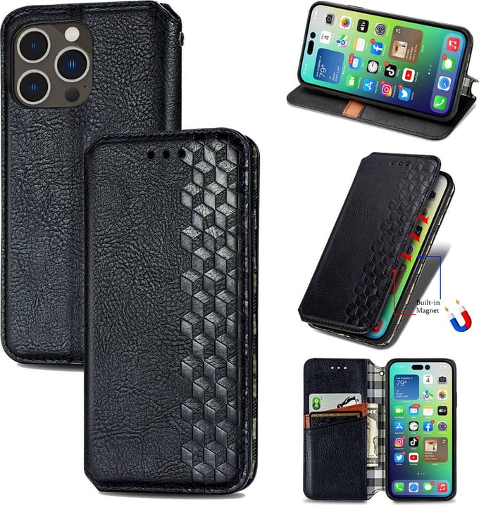 Luxe PU Lederen Ruitpatroon Wallet Case + Screenprotector voor iPhone 14 Pro Max_ Zwart