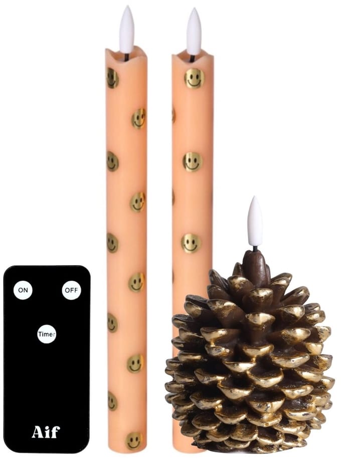 LED Dinerkaarsen Goud met Smiley + Dennenappel - Cadeauset - Incl. Afstandsbediening - Aifcandles