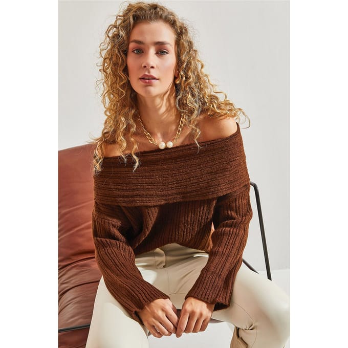 Off Shoulder Geribbelde Gebreide Trui
