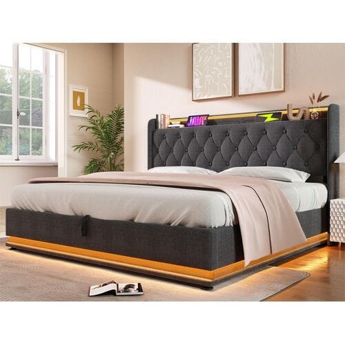 ModernLuxe Linnenopbergbed 160x200cm - met LED en USB & Type-C stopcontacten - Grijs