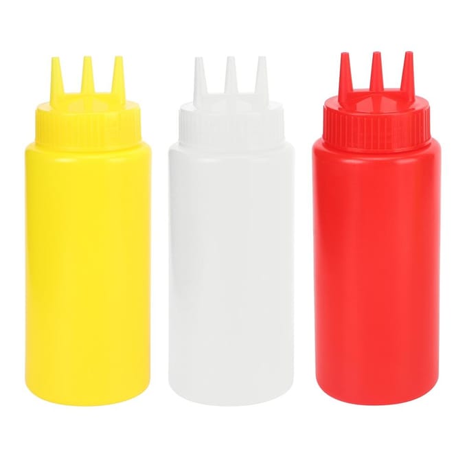 3 pièces Bouteille à condiments à presser à 3 trous avec couvercle pour vinaigrette, sauces, ketchup yellow