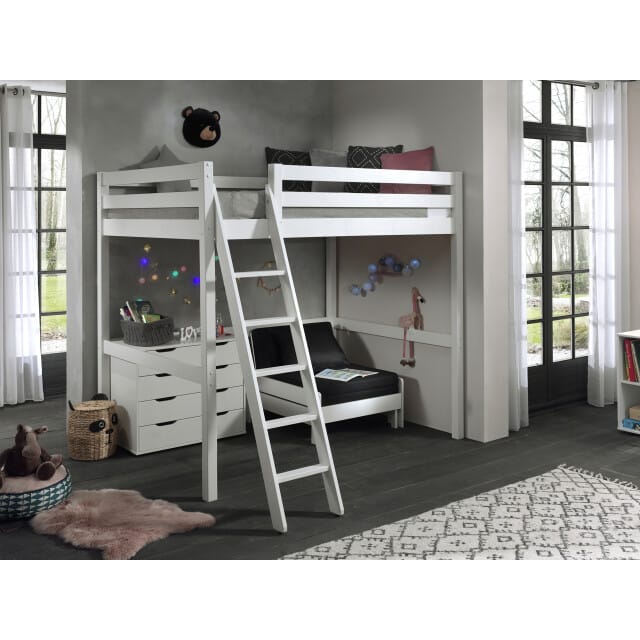 LUCEVI - Pino Mezzanine Bed + Ladder + Commode 4 Laden + Slaapfauteuil - Wit - 140x200 cm