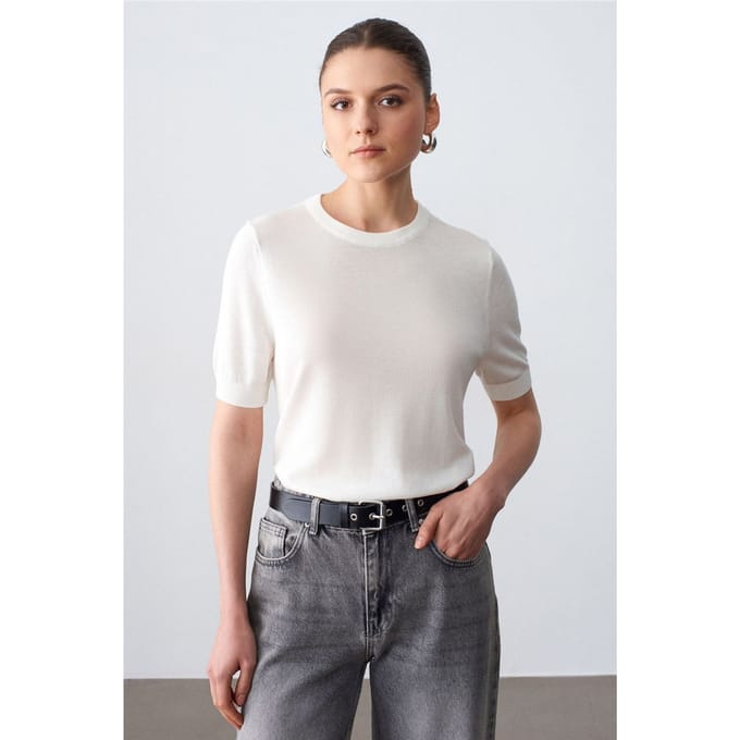 Geribbelde Crewneck Korte Mouwen Blouse