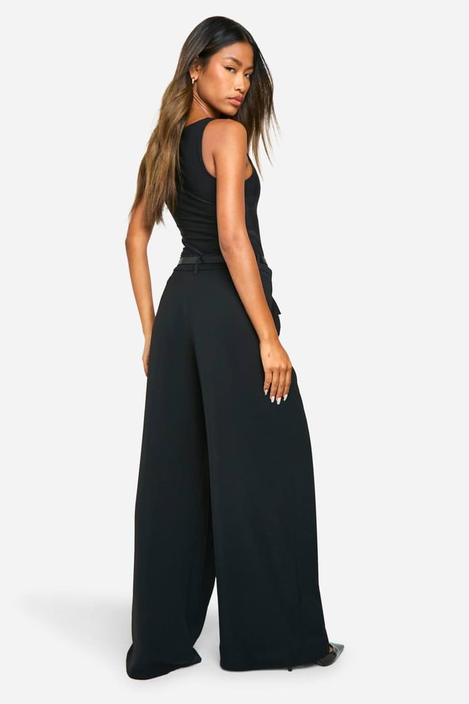 boohoo Dames Fluid Belted Wide Leg Trousers | Zwart | Maat: 36