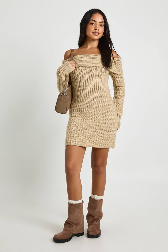 boohoo Dames Chunky Gebreide Bardot Mini Jurk | Cream | Maat: Small