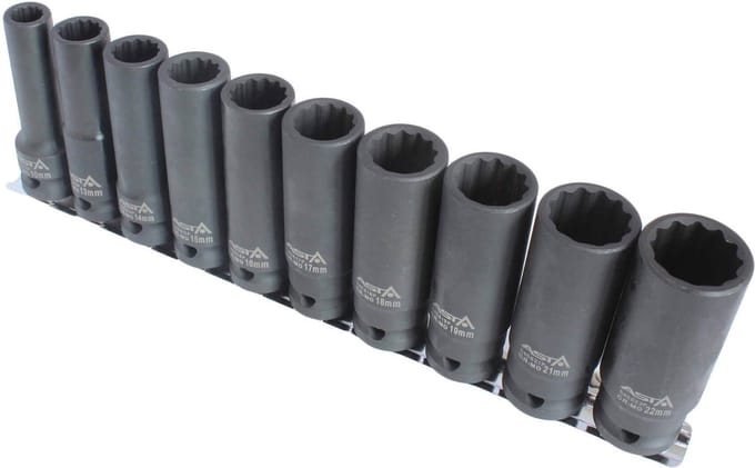 krachtdoppenset - 10-delig - 1/2 aansluiting - 10 tot 22 mm - slagdoppen - doppenset - asta