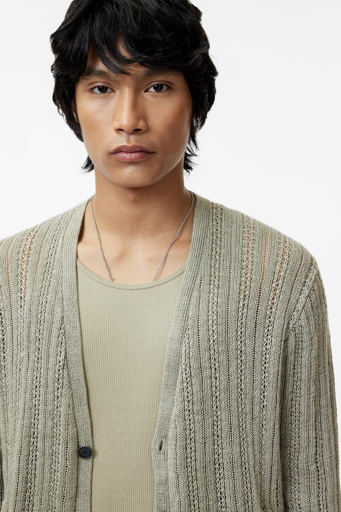 John Varvatos Kliment Linen Cardi W Woven Back Panel Sage Brush Größe: M | Cardigans Outlet | Herren | Weiß