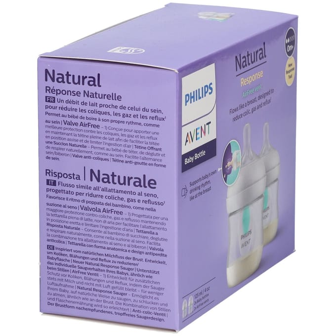 Lot de 2 biberons - PHILIPS AVENT- Natural 3.0 - Anti-colique - 125 ml - AirFree - Tétine imitant la forme du sein - Blanc blanc