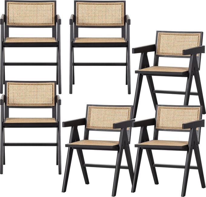 WOOOD Gunn Eetkamerstoelen Rattan - Hout - Zwart- Set van 6