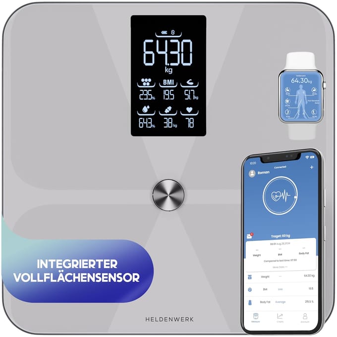 Heldenwerk Weegschaal - Digitaal - 180KG - Bluetooth - Grijs