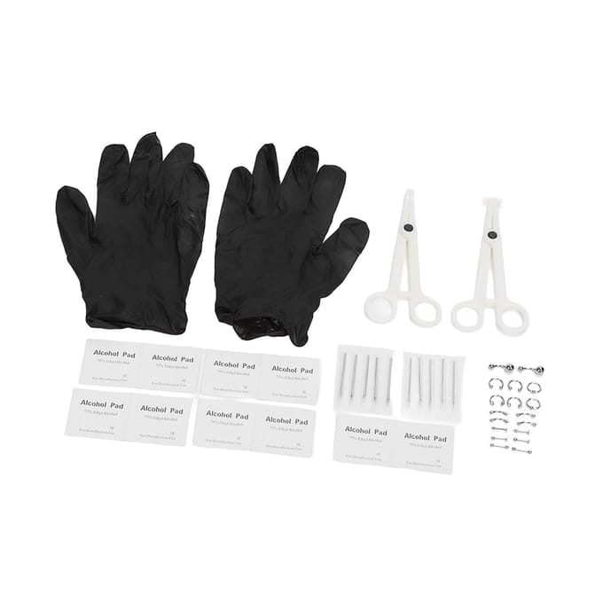 42 stuks Body Piercing Kit Roestvrij Staal Verschillende Vormen Naalden Piercing Klemmen voor Oren Navel white