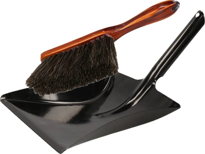 Stoffer en blik zwart/bruin van metaal/hout voor binnen