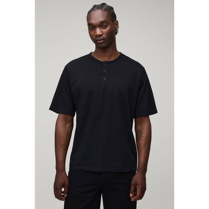 Lang Essentieel Relaxed Fit Henley T-shirt | Black | Size Small