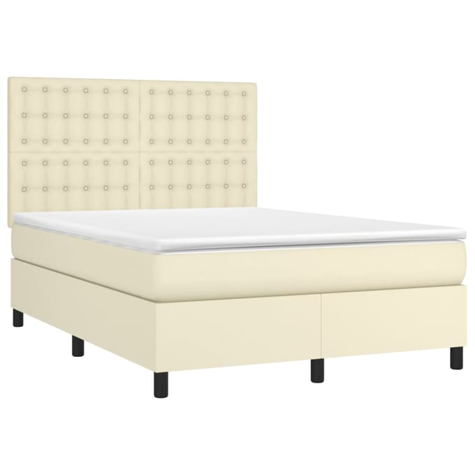 vidaXL - Boxspring - met - matras - en - LED - kunstleer - crèmekleurig - 140x190 - cm
